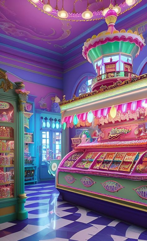 Fantasy Candy Shop, Candy Shop Aesthetic Pastel, Retro Candy Store, Old Candy Shop, Candy Room In House, Candy Land Aesthetic, Candy Store Ideas, Candy Shop Interior, Candy Shop Ideas Design