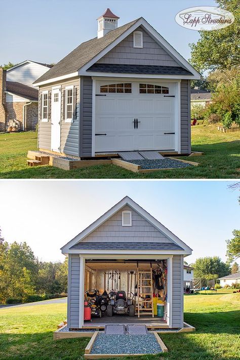 Shed With Garage Door, Sheds Ideas Backyard, Farmhouse Sheds, Cottage Garden Sheds, Yard Sheds, Backyard Storage Sheds, Simple Shed, Backyard Storage, Shed Building Plans