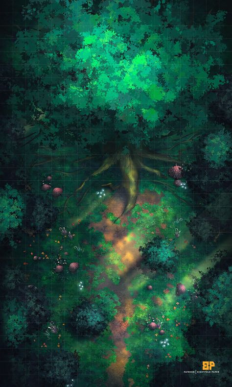 Light gently cascades itself through the trees’ green thickets, leaving a soft glow on the grass around your leather boots. #eightfoldpaper #eightfoldpaper #eightfold #battlemap #map #ttrpg #dnd #rpg #pathfinder #roll20 #dungeon #dragons #5e #free #fantasy #vtt #exterior #forest #feywild #fae #fey #faewild #forests #trees #dense #green #pixies #fairies #plants #vegetation #woods #mushroom #mushrooms #ethereal #path #grass #explore #find #wisps #big #tree #mother #tree Dnd Maps Forest, Dnd Forest Map, Evelynn League Of Legends, Secret Lair, Forest Map, Fantasy City Map, Tree Map, Dnd World Map, Enchanted Wood