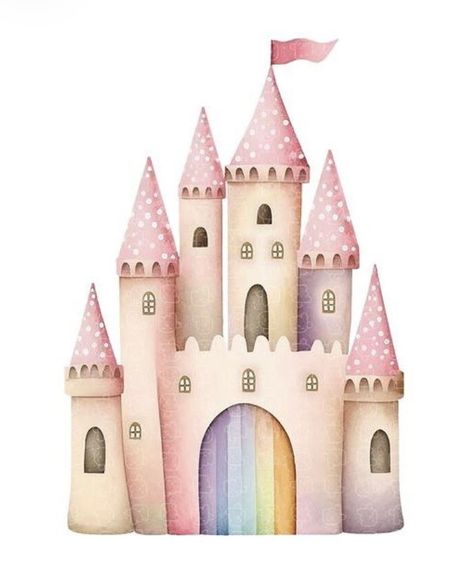 Princess Castle Wall Mural, Princess Castle Illustration, Crayon Techniques, Baby Girl Watercolor, Castle Artwork, Watercolor Castle, Rainbow Castle, Castle Clipart, Fairy Kingdom