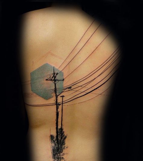 Electrical Lineman Tattoos, Power Lines Tattoo Back, Power Line Back Tattoo, Powerline Back Tattoo, Electricity Tattoo Ideas, Tattoo Electricity, Power Line Tattoo, Electric Tattoo, Powerline Tattoo