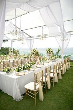 Elegant all white wedding decoration with a touch of golden tiffany chair | elegant wedding decor ideas | This is incredible! Unique work by  Flora Botanica Designs http://www.bridestory.com/flora-botanica-designs/projects/white-green-and-gold-elegant-wedding-at-latitude-villa White Wedding Decorations, Fun Wedding Decor, Gold Wedding Theme, All White Wedding, Gold Wedding Decorations, Wedding Tent, Table Set Up, Golden Wedding, Coastal Wedding