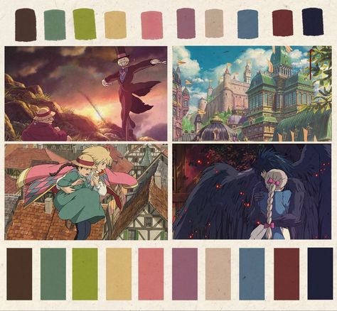 Light spring color palette for the anime film Howl’s Moving Castle ghibli ghiblistudio anime animated spring color colour colorpalettecopies movie cinematography Hayao Miyazaki Color Palettes, Violet Evergarden Color Palette, Howell Moving Castle Aesthetic, Color Palette For Animation, Webtoon Color Palette, Film Colour Palette Movies, Animation Colour Palette, Howl Moving Castle Color Palette, Studio Ghibli Color Scheme