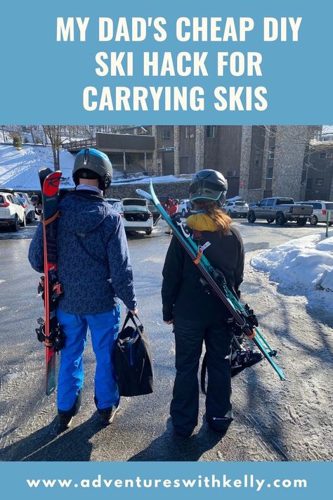 Get all the details of creating a strap from materials from home and a cheap purchase. Ski Hacks, Angel Fire, Ski Poles, Ski Gear, Snow Skiing, Skis, Cheap Diy, Hands Free, Carry On