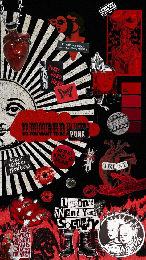 Animated version :) #punk #red #collageart Punk Collage, Punk Wallpaper, Graphic Trends, Black Punks, Scrapbook Materials, Red Background, Collage Art, Rock And Roll, Black And Red