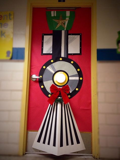 Christmas door decoration                                                                                                                                                                                 More Holiday Classroom Doors, Winter Classroom Door, Polar Express Christmas Party, Polar Express Theme, Door Decorations Classroom Christmas, Holiday Door Decorations, Christmas Door Decorating Contest, Christmas Classroom Door, Polar Express Train