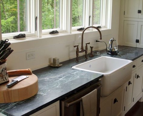 Soapstone Countertops Kitchen, Farm Style Sink, Soapstone Kitchen, Soapstone Counters, White Farmhouse Sink, Kitchen Cabinet Kings, Outdoor Kitchen Countertops, Soapstone Countertops, Light Wood Cabinets