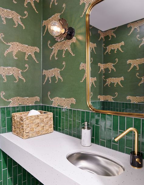 Glam Wallpaper Accent Walls, Funky Downstairs Toilet, Funky Bathroom Wallpaper, Bathroom Eclectic, Wallpaper Eclectic, Funky Bathroom, Small Bathroom Wallpaper, Cheetah Wallpaper, Blue Velvet Chairs