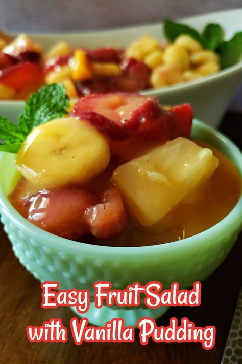 Easy Fruit Salad Recipe with Vanilla Pudding - a medley of juicy fruits, perfectly nestled in a creamy vanilla pudding mix. It's like a little bowl of heaven that'll have you begging for seconds. It takes just 5 ingredients to make this easy fruit salad recipe that is perfect for summer picnics, church potlucks, or any special occasion gathering. Fruit Salad With Instant Vanilla Pudding, Fruit Salad With Vanilla Pudding And Cool Whip, Pioneer Woman Fruit Salad, Canned Fruit Salad, Old Fashioned Fruit Salad, Vanilla Pudding Fruit Salad, Fruit Salad With Vanilla Pudding, Easter Fruit Salad, Vanilla Dressing