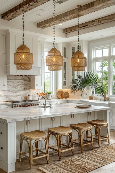 Modern Boho Kitchen Ideas, White Coastal Kitchen, Modern Boho Kitchen, Coastal Kitchen Ideas, Boho Kitchen Ideas, Coastal Kitchen Design, Coastal Kitchen Decor, Kitchen Lighting Ideas, Beach House Kitchens