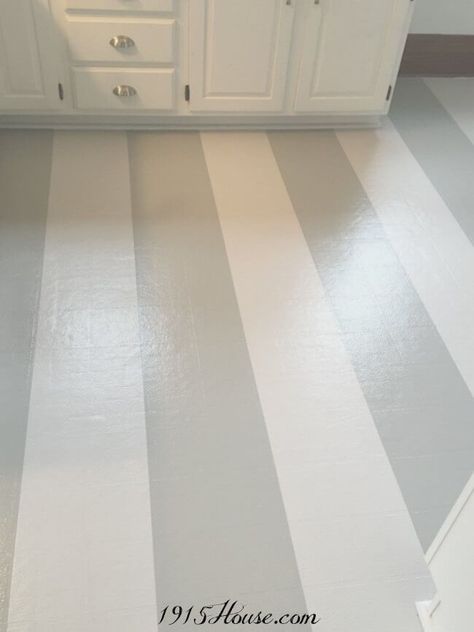 Grey and White Stripe Painted Linoleum Kitchen Floor by 1915 House Linoleum Flooring Makeover, Painted Kitchen Floors, Linoleum Kitchen Floors, Painting Linoleum Floors, White Kitchen Wood Floors, Paint Linoleum, Painted Wood Floors, Floor Makeover, Painted Vinyl