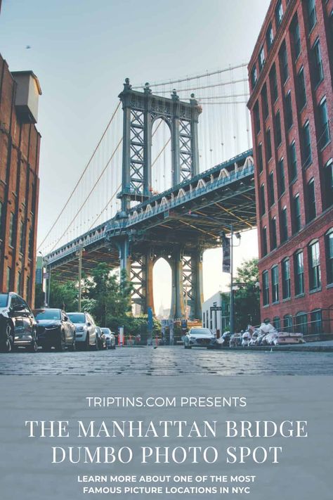 Visiting the Manhattan Bridge View Spot in Dumbo | Photo Location & Tips #manhattanbridge #dumbo #nyc #brooklyn #newyork Dumbo Manhattan Bridge, Manhattan Bridge Photography, Dumbo Nyc, New York City Christmas, Brooklyn Newyork, New York Landmarks, City Christmas, Nyc Engagement, Insta Poses