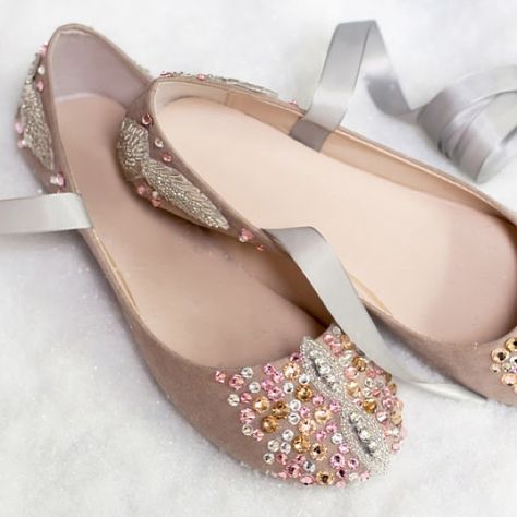 Check out our finished DIY ballet slippers on the blog today! Makes us want to do the dance of the Sugar Plum Fairy  #nutcracker #ba... M&J Diy Ballet Flats, Shoe Refashion, Neon Heels, Shoe Makeover, Diy Fashion Projects, Diy Shoe, Old Shoes, Diy Crystals, Ballet Slippers