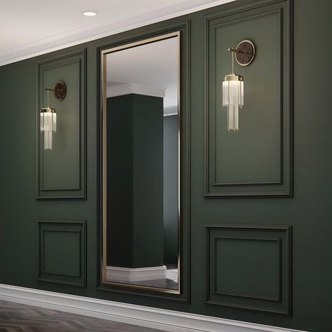 Green Lounge Panelling, Dark Green Wall Panelling, Paneling With Mirror, Green Panelled Wall, Mirror Panel Wall, Shoe Storage Design, Dance Studio Decor, Green Sofa Living Room, Diy Girls Bedroom