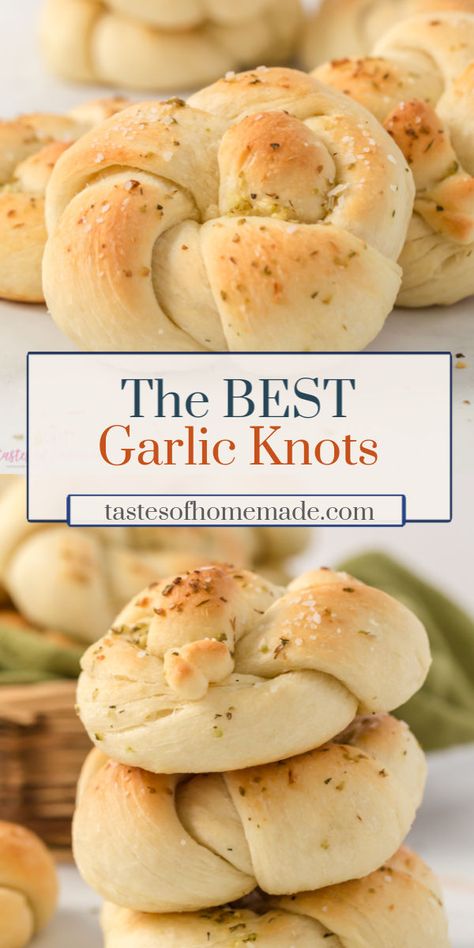 Homemade garlic knots are so easy to make and are a great side dish for pasta, soups and stews.  A simply yeast dough is twisted into knots and smothered in a savoury garlic herb butter.  Lightly crisp on the outside and soft on the inside, these are the best and easiest garlic knots to make at home. #bread #rolls #garlic #homemade #easy #herbs Easy Yeast Bread, Bread Knots, Homemade Garlic Knots, Garlic Herb Bread, Bread Twists, Garlic Knots Recipe, Garlic Rolls, Pasta Side Dishes, Herb Bread