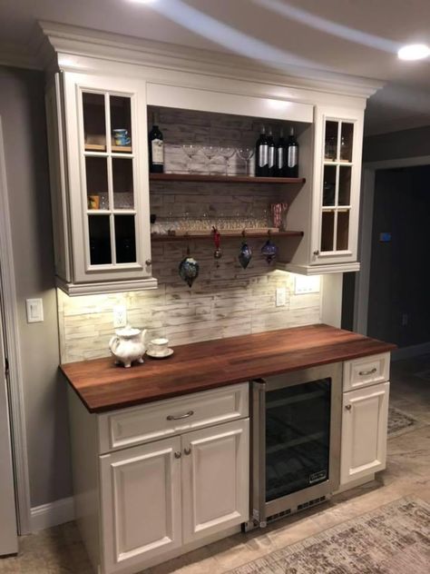 Rustic Dry Bar Ideas, Coffee Bar With Refrigerator Ideas, Serving Bar In Kitchen, Coffee Bar With Cabinets Above, Basement Wet Bar Ideas Small Spaces, Kitchen Wet Bar Ideas, Bar Area In Living Room, Beverage Bar Ideas, Kitchen Dry Bar