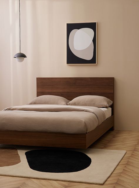 Scandinavian Bedroom Dark Wood, Beige And Walnut Bedroom, Walnut Interior Bedroom, Green Walnut Bedroom, Hardwood Bed Frame, Modern Dark Wood Bedroom, Walnut Wood Decor, Bed Frame Dark Wood, Bedroom Sets Furniture Queen Modern