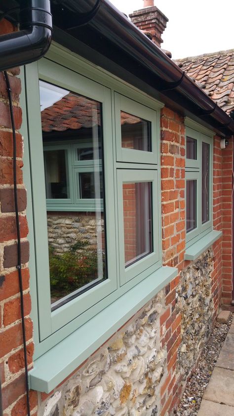 Norwich Windows installation of Chartwell Green Residence 9 windows Chartwell Green Windows And Doors, Green Upvc Windows, Coloured Window Frames Exterior, Chartwell Green Windows, Green Windows Frames, Green Window Frames Exterior, Sage Green Window Frames, Wooden Window Colours Ideas, Green Windows Exterior