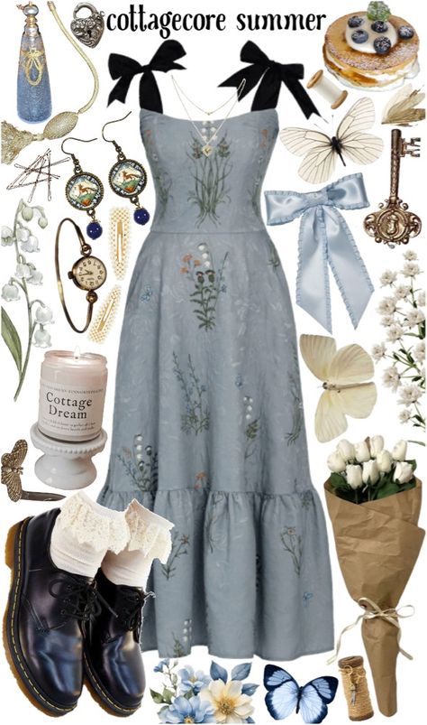 Blue Cottagecore Outfit, Cottagecore Aesthetic Blue, Cottagecore Aesthetic Dresses, Cottagecore Style Guide, Summer Cottagecore Outfits, Cottagecore Outfits Aesthetic, Hobbit Clothes, Shifting Clothes, Cottagecore Outfit Ideas