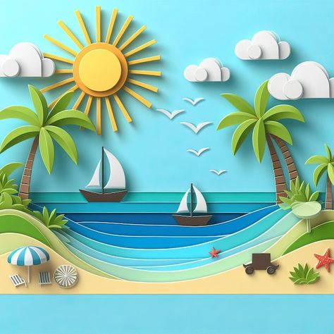 Summer Theme Board, Wave Craft, Diy Pop Up Book, Paper Scene, Paper Cutout Art, Graphic Design Collection, Photo Summer, Motion Backgrounds, Girly Wall Art