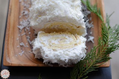 Coconut Cake Roll AKA Coconut Cake Roulade - An Alli Event Coconut Swiss Roll Cake, Box Cake Mix Cake Rolls, Coconut Cake Roll Recipe, Vanilla Cake Roll Recipe, White Cake Roll, Coconut Roll Cake, Coconut Cake Roll, Roll Cake Recipe Vanilla, Ice Cream Cake Roll