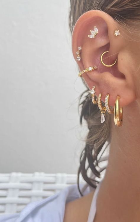 Ear With Lots Of Piercings, Ear Perching, Ear Curation Ideas, Ear Stacks, Earring Stacks, Ear Peircings, Look 80s, Venus Of Willendorf, Piercing Inspo