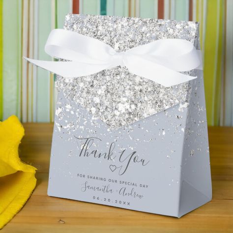 Silver glitter dusty blue thank you wedding favor boxes Typography Elegant, Wedding Typography, Wedding Favours Thank You, Curated Wedding, Wedding Box, Wedding Favor Boxes, Wedding Boxes, Elegant Designs, Popular Wedding