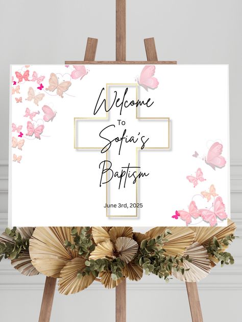 Welcome your guests with this beautifully designed 24x18 Pink Butterfly Welcome Sign, perfect for celebrating special occasions such as christenings, baptisms, first communions, confirmations, and weddings. This customizable Canva template features a delicate pink butterfly border and a subtle cross in the background, creating an elegant and meaningful display. Features: Size: 24x18 inches Design: Whiteboard background with pink butterfly border and cross detail Personalization: Easily add your Whiteboard Background, Butterfly Welcome Sign, Butterfly Border, Butterfly Party Decorations, Communion Wedding, Event Entrance, Baptism Decorations, Event Sign, Butterfly Party