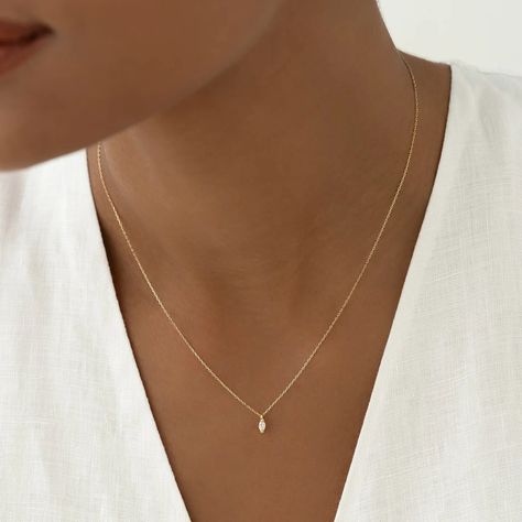 Marquise Diamond Necklace 14k Gold - Aletta | Linjer Jewelry Marquise Diamond Pendant Designs, Small Diamond Necklace Simple, Gold Necklace Aesthetic, Marquise Diamond Necklace, Everyday Diamond Necklace, Simple Diamond Necklace, Small Diamond Necklace, Marquise Necklace, Minimal Gold Jewelry