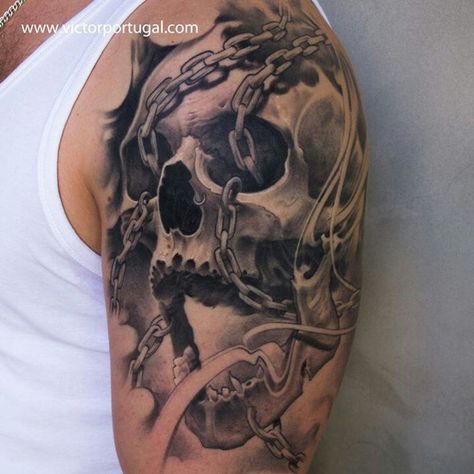 Chain Tattoos, Tattoo Crane, Skulls Tattoo, Cool Half Sleeve Tattoos, Chain Tattoo, Skull Sleeve Tattoos, Skull Sleeve, Biker Tattoos, Tattoo Skull