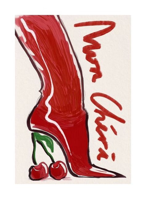 A fun print featuring glossy high heels and cherries as the heel, with the text "Mon Chéri".  This print was originally made with a textured effect.  This is an exclusive print, originally created by a designer in our Art Studio.