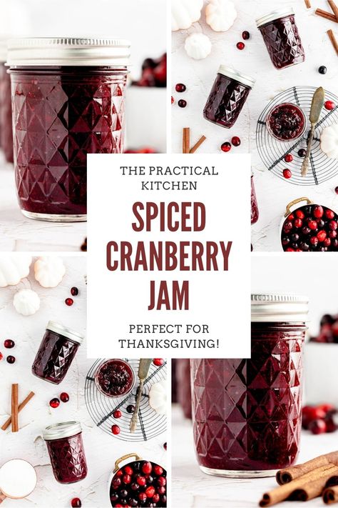 This easy spiced cranberry jam takes just a few minutes to make. It's so simple and uses just a few easy to find ingredients. This spiced cranberry jam is just the right balance of sweet and tart, with a hint of orange and lots of warm spices! cranberry jam, cranberry sauce, homemade cranberry sauce, cranberry jelly, cranberry recipes, thanksgiving cranberry sauce, thanksgiving recipes, canning process, how to can jam Cranberry Orange Sauce For Canning, Recipes Using Cranberry Sauce Baking, Cranberry Orange Jam Canning, Christmas Jam Gift Ideas, Home Canned Cranberry Sauce, Cranberry Preserves Recipe, Cranberry Jam Recipe Simple, Spiced Cranberry Sauce, Spiced Jam Recipes