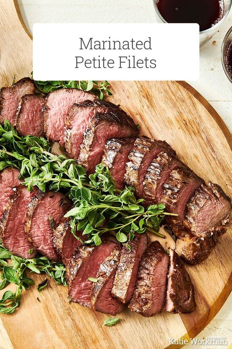 Marinated Petite Beef Filets Recipe / Marinated Petite Beef Filets are marinated in a citrus-and honey marinade. Perfectly tender and super flavorful (pan gravy optional!) #easyrecipes #familyfriendly #familyfavorites #quickmeals #pantrycooking #weeknightdinner #comfortfood Filet Marinade Recipes, Filet Mignon Recipes Grilled Marinade, Filet Mignon Marinade, Petite Tender Beef Filet How To Cook, Sirloin Marinade, Filet Mignonette In Oven, Filet Mignonette Marinade, Filet Steak, Filet Recipes