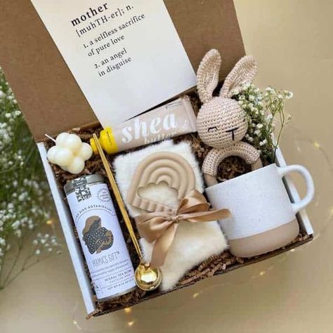 10+ Sweet Baby Shower Gift Basket Ideas Every Mom Would Love - One Sweet Nursery Gift New Mom, Postpartum Care Package, Hygge Box, Lactation Tea, Gift Box For Women, Mom Gift Basket, Push Present, Push Presents, Hygge Gifts