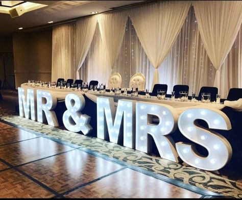 Light up letters spelling MR & MRS perfect for weddings Mr And Mrs Light Up Letters Wedding, Led Marquee Letters, Led Letters Wedding, Mr And Mrs Light Up Letters, Mr And Mrs Marquee Letters, Diy Light Up Letters, Mr And Mrs Table Wedding, Led Light Letters, Marquee Letters Wedding