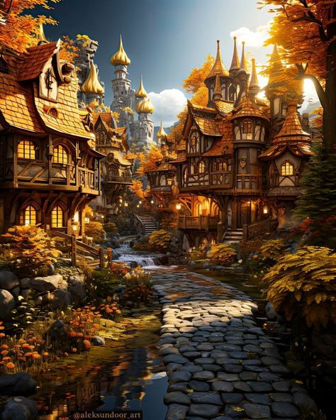 Autumn Elf, Magic Village, Elf Village, Peaceful Aesthetic, Storybook Homes, Fantasy Realm, Housing Ideas, Fairytale Fantasy, Coloring Inspiration