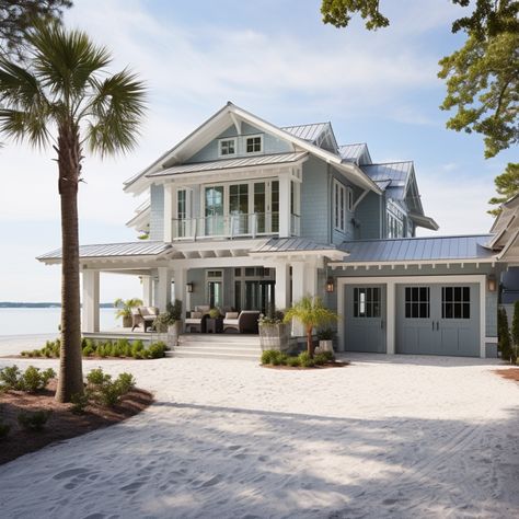 gray beach house exterior Coastal Chic House Exterior, Coastal Modern Exterior Homes, Beach Houses Aesthetic Exterior, Exterior Coastal Paint Colors For House, Beach Exterior, Summer Beach House Exterior, House Exterior Coastal, House Exterior Beach, Beach House In Florida