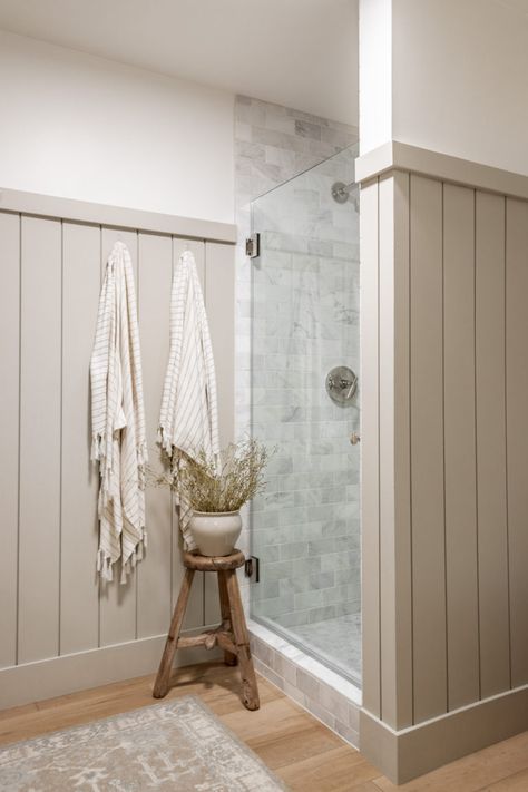 Farmhouse Bathroom Paneling, Panelled Walls In Bathroom, Guest Bathroom Ideas Wood Floors, Ideas For Bathroom Colors, Small Bathroom Behind Toilet Decor, Painted Brown Bathroom Cabinets, Bathroom With Wall Paneling, Mixing Wood Tones Bathroom, Bathroom Cupboard Paint Ideas