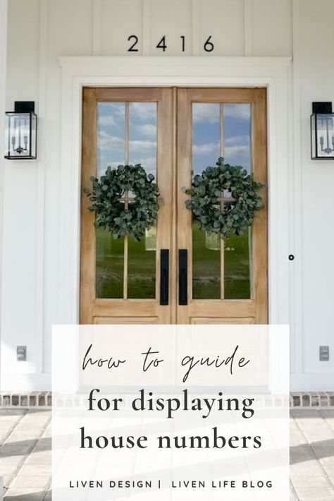 Traditional Address Numbers On House, Front Of House Number Ideas, Front Door Light And Number, Address On Front Door, House Number On Door, Address Ideas For House, Porch House Numbers, Modern Numbers On House, Front Door House Numbers