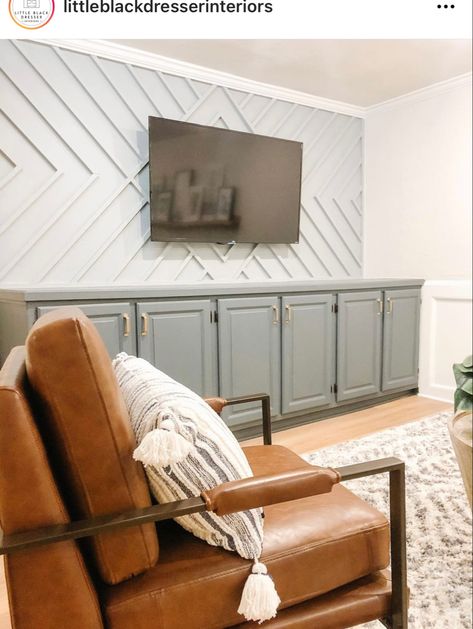 Feature Wall With Cabinets, Farmhouse Accent Wall Living Room With Tv, Accent Wall With Built In Cabinets, Tv Accent Wall Ideas Mounted Tv Basement, Vertical Wood Accent Wall Living Room, Tv Accent Wall Wood, Accent Entertainment Wall, Herringbone Tv Wall, Statement Tv Wall