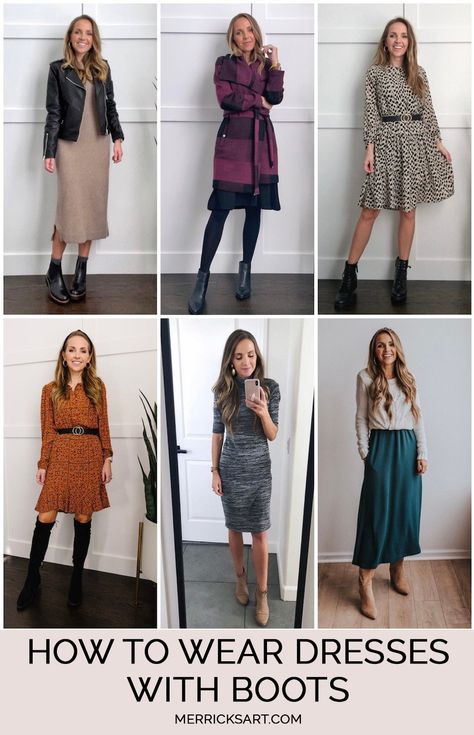 Dress With Boots - How to Style It - Merrick's Art Long Dress With Boots, Dresses With Boots, Dress With Ankle Boots, Layered Outfits, Easter Dresses For Toddlers, Below The Knee Dresses, Wear To Work Dress, Grunge Dress, New Years Dress