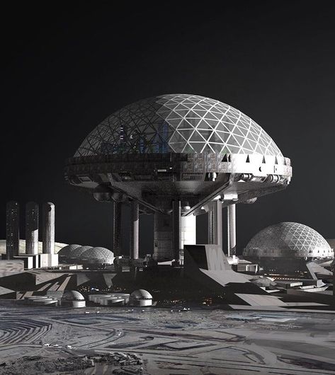 Concept art of the Lunar colony in Ad Astra (2019) movie (science fiction thriller set in mid-21st century when humanity has started to settle the inner Solar System) by film, game and TV concept artist, the founder and creative director of Terraform Studios, Finnian MacManus. Colony Concept Art, Space Colony Concept, Lunar Colony, Space Station Art, Science Fiction Artwork, Action Pose Reference, Science Fiction Movies, Ad Astra, Cyberpunk City