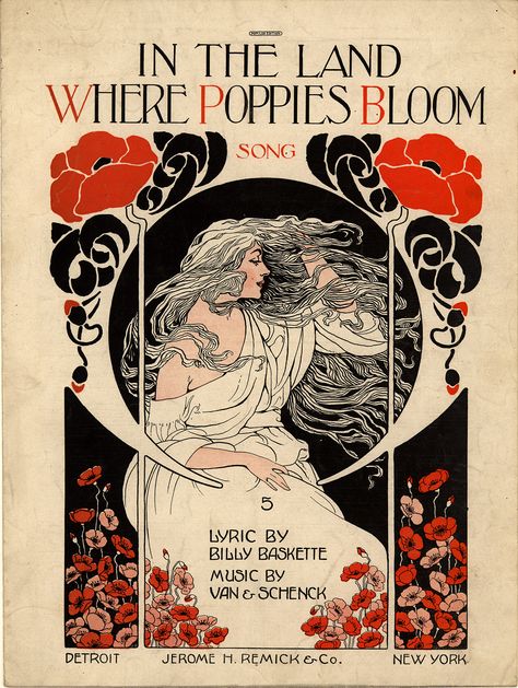 In the land where poppies bloom (a0049) - Historic American Sheet Music - Duke Libraries Illustration Art Nouveau, Design Art Nouveau, Art Musical, Mucha Art, Sheet Music Art, Art Nouveau Illustration, Art Nouveau Poster, Vintage Book Covers, Art Nouveau Design