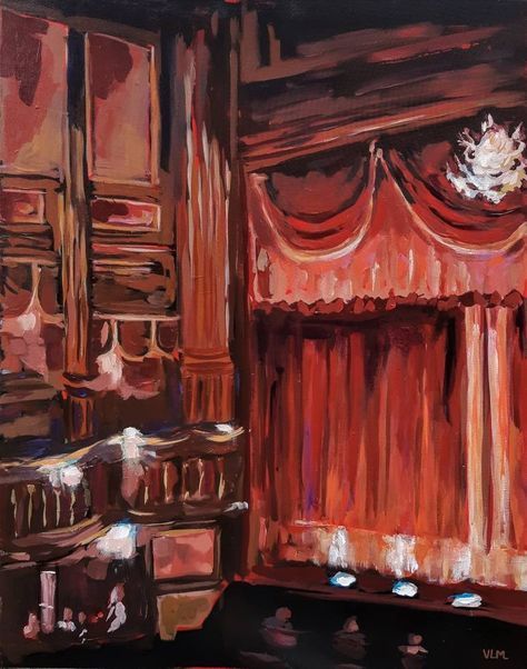 Original Art Acrylic Painting, measuring: 54W x 65H x 2D cm, by: Valerie Le Meur (France). Styles: Impressionism, Figurative, Documentary, Fine Art. Subject: Culture. Keywords: Interior, Shadow, Theatre, Cocoon, Actress, Red, Actor, London, Light, Entertainment, Show, Showbusiness. This Acrylic Painting is one of a kind and once sold will no longer be available to purchase. Buy art at Saatchi Art. Theatre Arts Aesthetic, Theatre Art Drawing, Theatre Painting Ideas, Red Paintings Aesthetic, Paintings Of Rooms, Theatre Artwork, Red Painting Aesthetic, Moulin Rouge Painting, Theater Painting