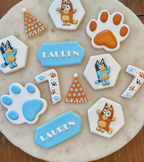 Bluey birthday sugar cookies decorated with royal icing Bluey Cookies Decorated, Birthday Sugar Cookies Decorated, Royal Icing Colors, Blue And Bingo, Bluey Cookies, Gracie Birthday, Birthday Sugar Cookies, Cookies Decorated With Royal Icing, Bluey Birthday