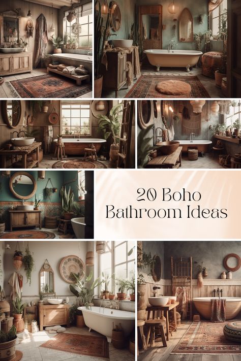 Step into Boho Bliss: Transform Your Bathroom with These Unique Ideas Spa Inspired Bathroom Bohemian, Eclectic Bohemian Bathroom, Boho Bathroom Ideas Small Vintage, Boho Bathroom Ideas Small Apartment, Boho Bathrooms Bohemian, Exotic Bathroom Ideas, Boho Vanity Bathroom, Nature Inspired Bathrooms, Vintage Inspired Bathroom Remodel