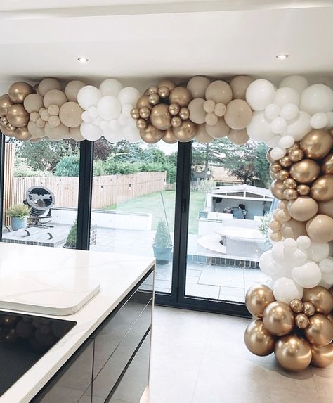 Bifolding Doors, Balloon Ceiling, Birthday Party Theme Decorations, Balloon Garland, Birthday Party Themes, Neutral Colors, Roof, Champagne, Balloons