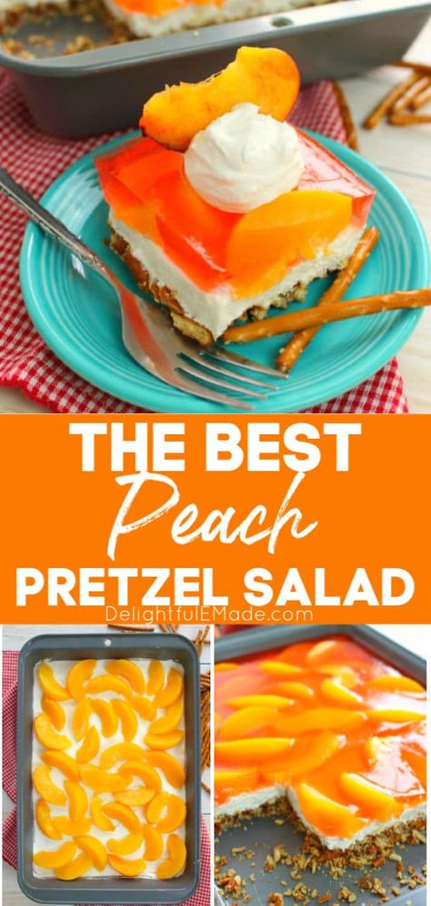 Peaches and Cream Pretzel Salad | AMAZING Jello Pretzel Salad Recipe! Peach Pretzel Salad Dessert, Peach Pretzel Dessert, Peach Pretzel Jello Dessert, Peach Jello Salad Recipes, Peach Pretzel Jello Salad, Lemon Pretzel Salad, Peach Pretzel Salad, Cherry Pretzel Salad, Pretzel Salads