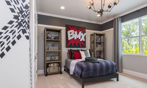 This BMX obsessed pre-teen has the room of his dreams, complete with diamond plate aluminum wall border, tire track paint accents, and custom art Bmx Bedroom Ideas, Bmx Bedroom, Paint Accents, Basement Room, Boy Bedroom Design, Boys Rooms, House Bedrooms, Boy Decor, Diamond Plate