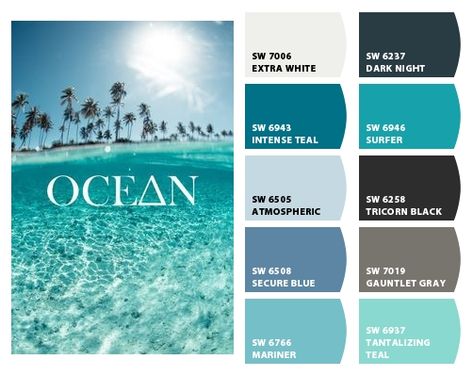 ocean color Sherwin Williams Coastal Paint Colors, Beach House Colors, Pintura Exterior, House Color Palettes, Paint Color Schemes, Coastal Colors, Beach Color, Ocean Colors, Beach Bedroom